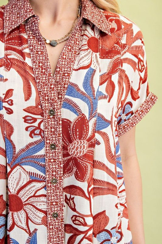 Mixed Contrasting Floral Print Brown or Crimson Button Down Short Sleeve Top
