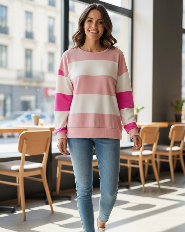 Pink & White Bold Block Striped Contrast Long Sleeve Sweatshirt Top