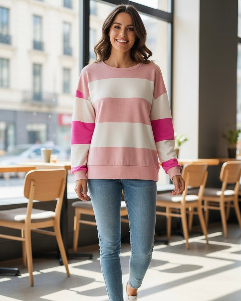 Pink & White Bold Block Striped Contrast Long Sleeve Sweatshirt Top