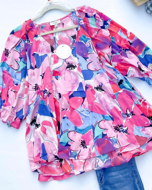 Plus Size Large Floral Spring Mix in Pink and Blue Hues Short Sleeve Blouse