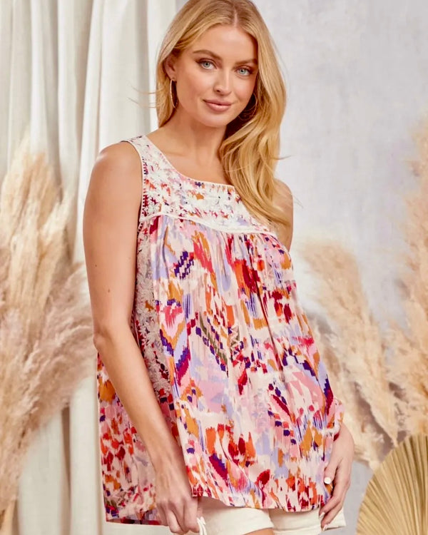 Multicolor Abstract Print Sleeveless Embroidery Tank Top