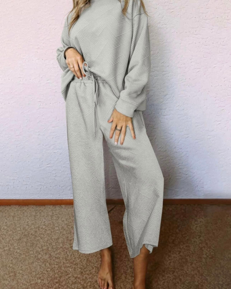 2 pc Grey Textured Crop Pant Long Sleeve Pullover Lounge Set