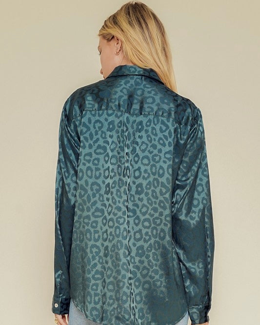 Teal Dark Emerald Green Animal Jacquard Leopard Print Long Sleeve Button Down Satin Like Blouse