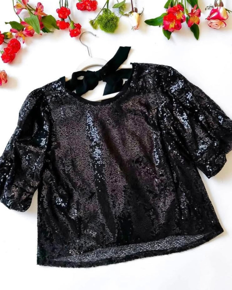 Solid Black Sequin Short Puff Sleeve Back Tie Party Holiday Top