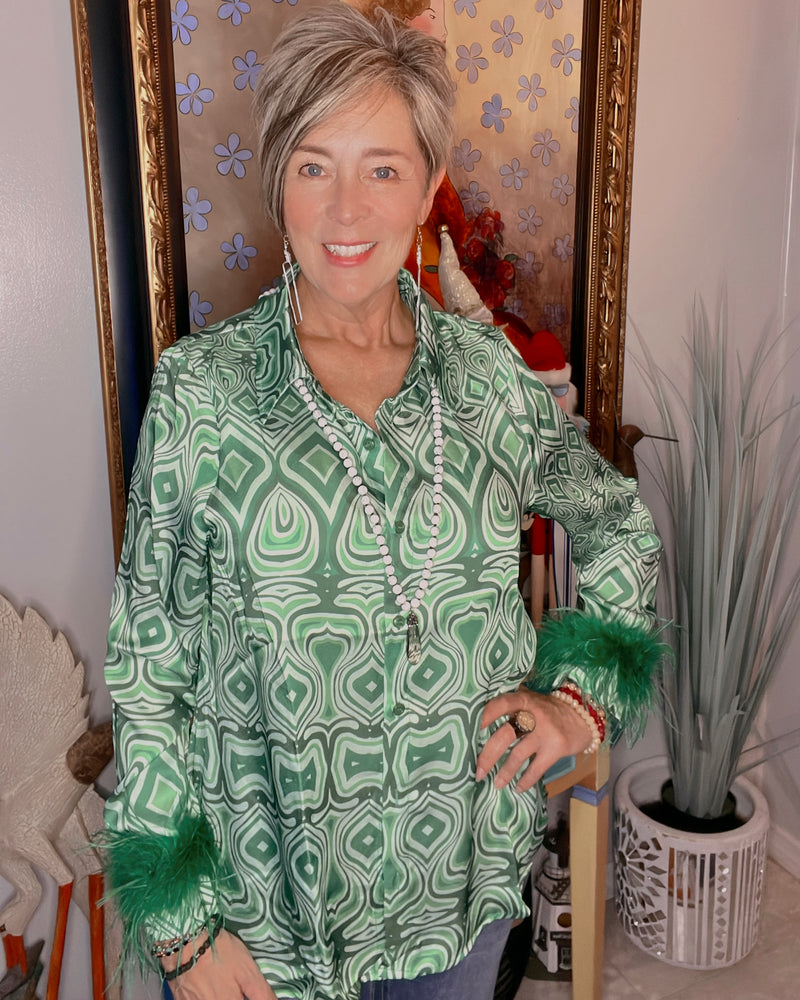 Kelly Green Geometry Graphic Print Long Feather Cuff Sleeve Holiday Party Blouse