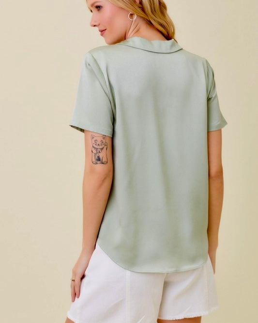 Sage Green Satin Front Tie Half Sleeve Open Collar Neck Top