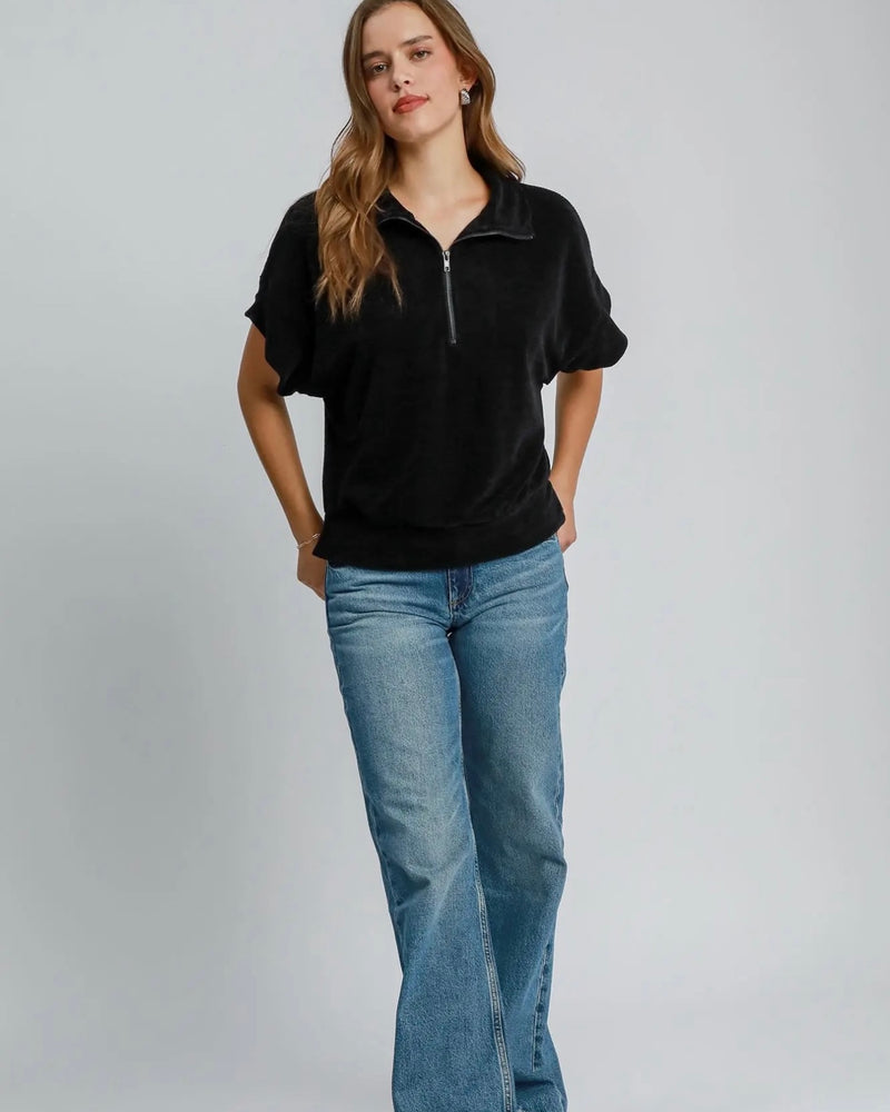Solid Black Velvet Half Zip Neck Short Sleeve Top