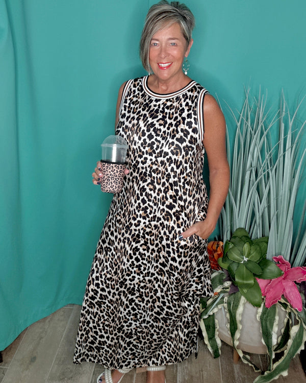 Black & Cream Leopard Animal Print Sleeveless Maxi Dress