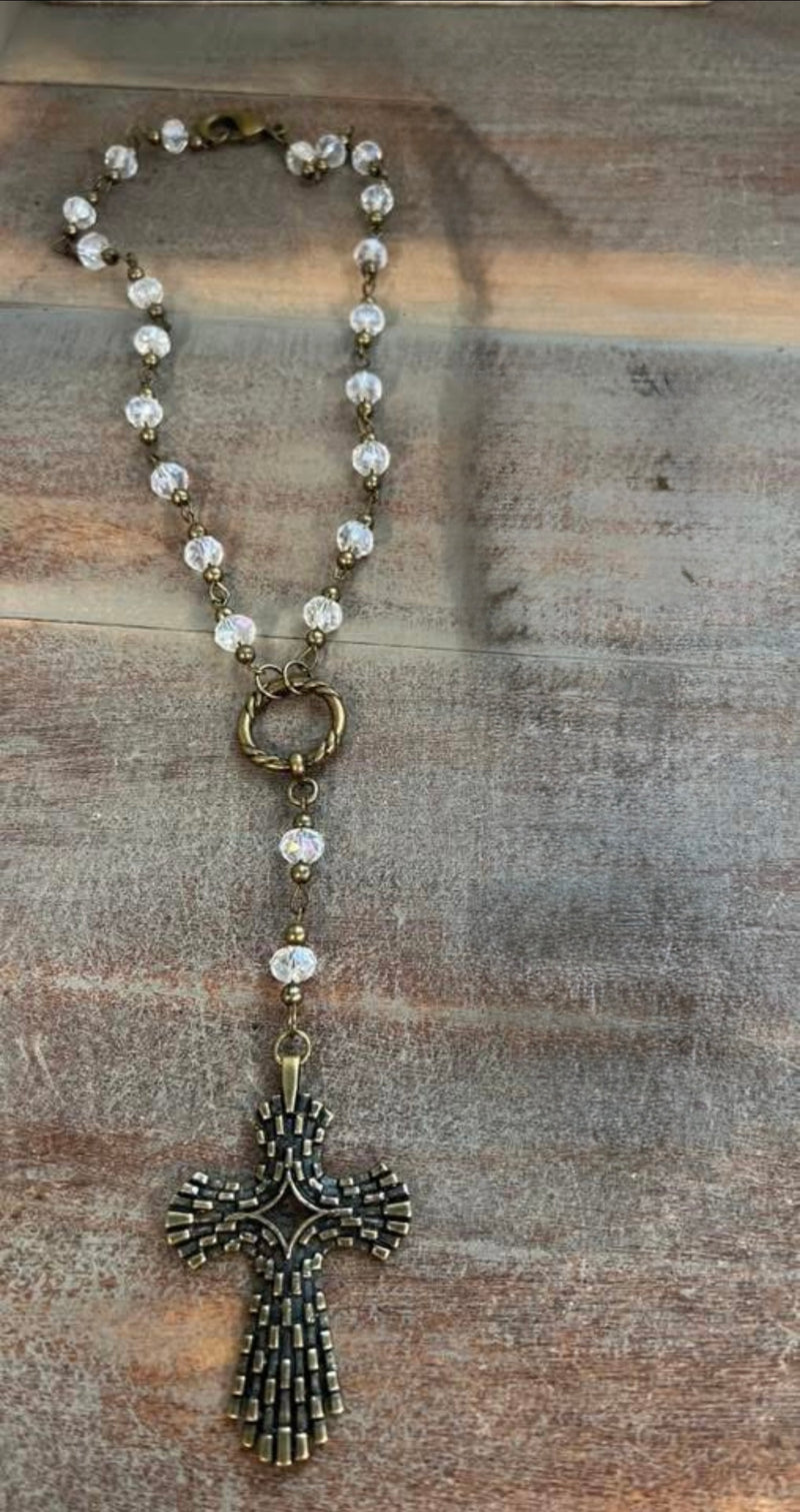 Clear Bead Brass Link Drop Cross Pendant Necklace