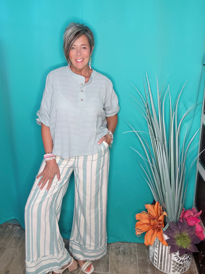 Seafoam Mint Blue Green Vertical Stripe Wide Leg Fray Edge Elastic Waist Pant