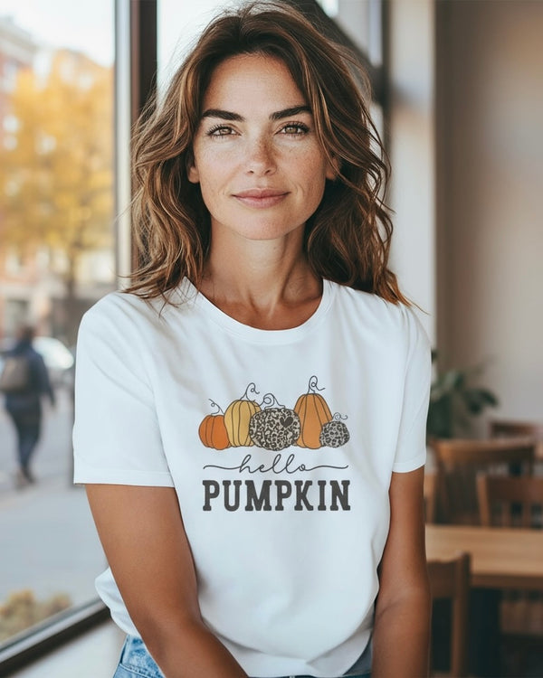 White with “Hello Pumpkin” Fall Orange & Leopard Pumpkin Short Sleeve T-Shirt Top