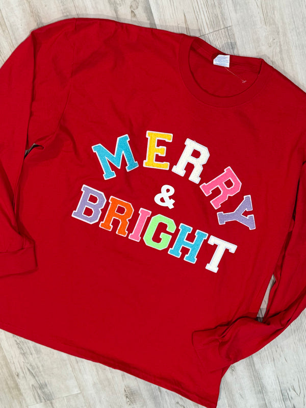 Plus Size Red "Merry & Bright" Patch Long Sleeve Christmas Holiday T-shirt Top