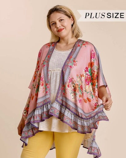 Plus Size Open Front Pink Floral Mix Print Side Slit Kimono