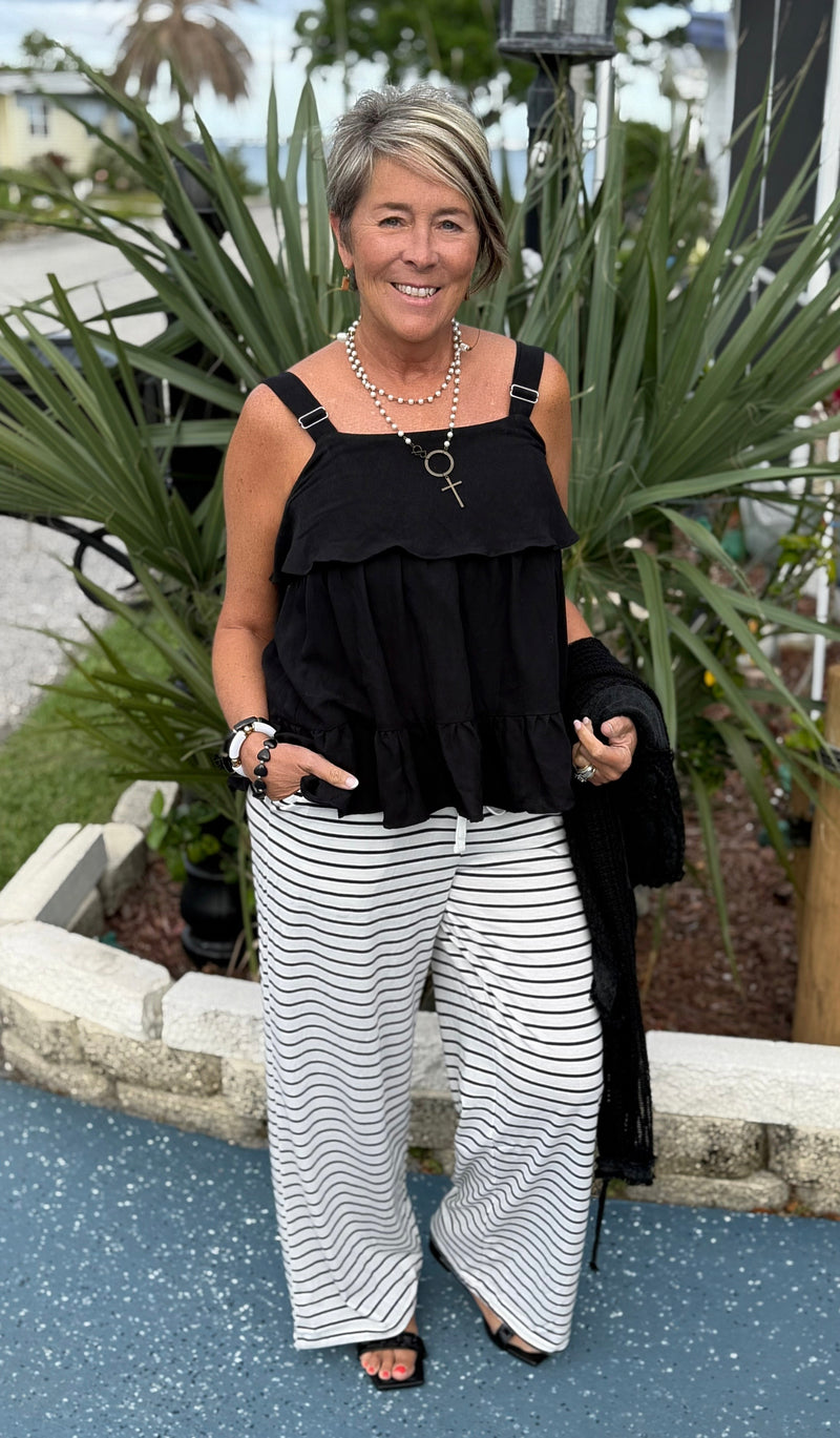 White & Black Striped Wide Leg Lounge Casual Elastic Waist Pant