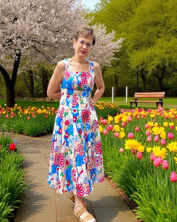 Blue, White & Red Sleeveless Square Neck Flowy Sundress