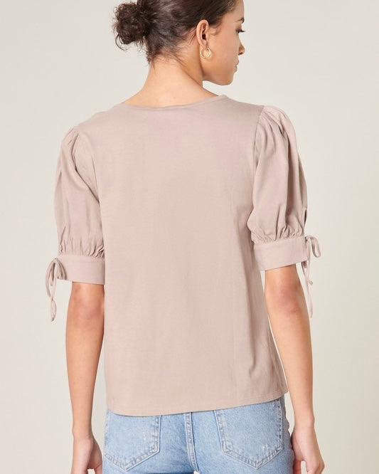 Solid Mocha Neutral Taupe Short Tie Sleeve Cotton Top