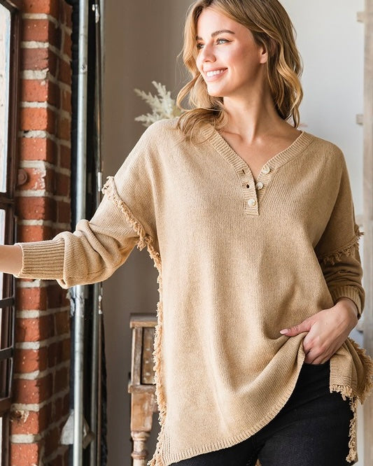 DOOR BUSTER Deep Solid Blue or Khaki Tan Fringe Shoulder Button Neck Long Sleeve Sweater Knit Top