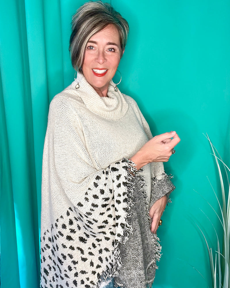 Cream & Black Leopard Animal Print Poncho Shawl Turtleneck Sweater