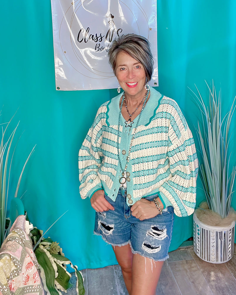 Turquoise Aqua and White Striped Button Down Balloon Long Sleeve Knit Sweater Top