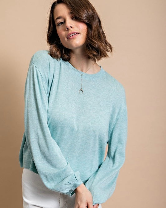 Solid Powder Blue Light Knit Long Sleeve Round Neck Sweater Top