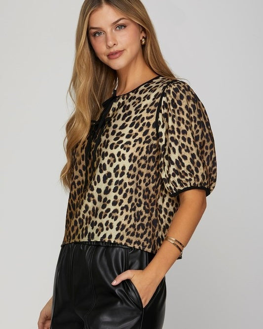 Black & Brown Leopard Tie Front Contrast Short Sleeve Animal Print Top