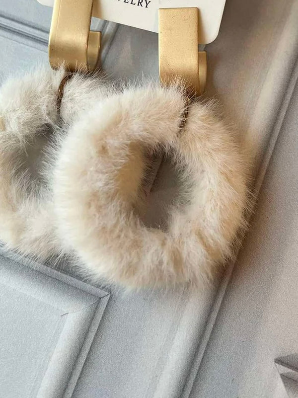 Brown or White Faux Fur Drop Dangle Gold Tone Post Earrings