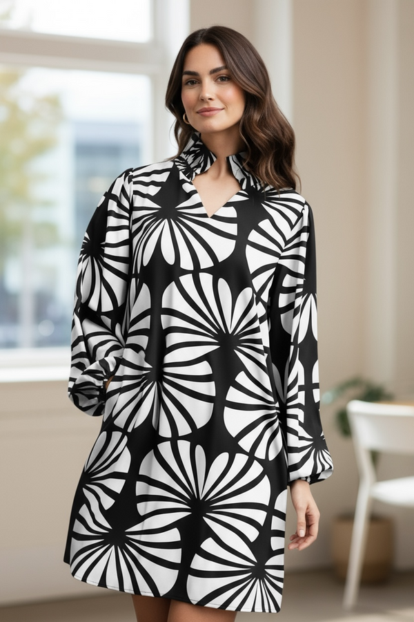Black & White Abstract Print Long Sleeve Open Ruffle Neck Dress