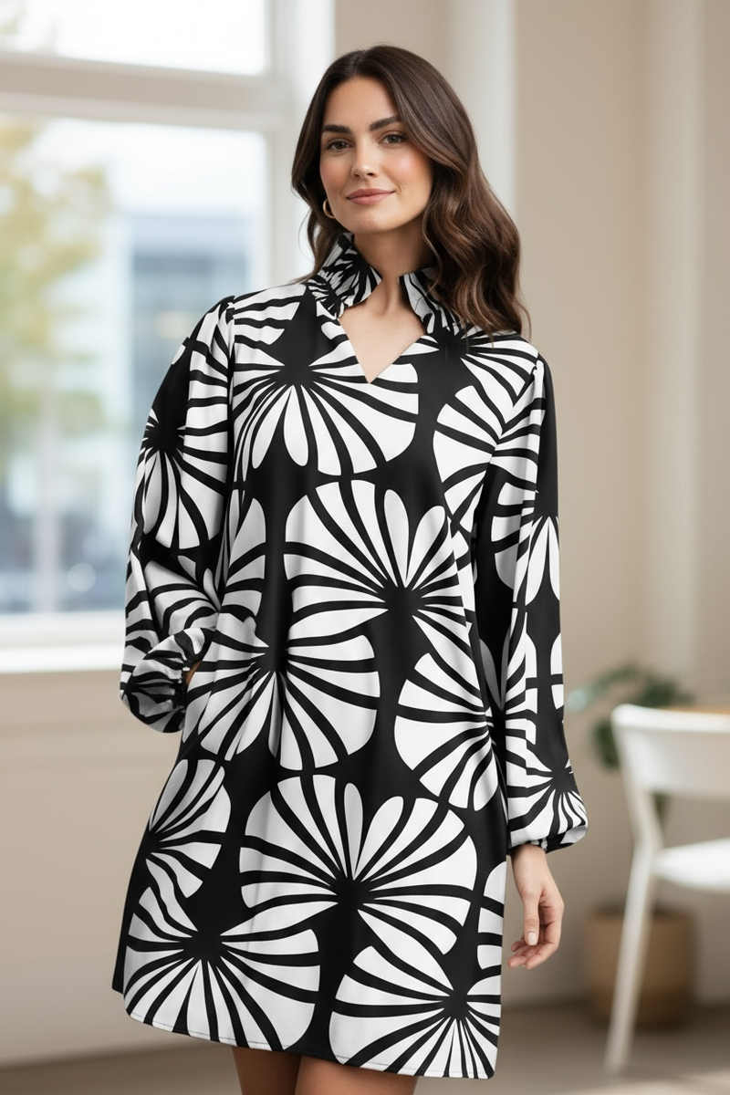 Black & White Abstract Print Long Sleeve Open Ruffle Neck Dress