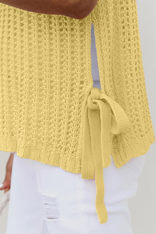 Soft Yellow Hollowed Out Side Tie Short Sleeve Knit Top
