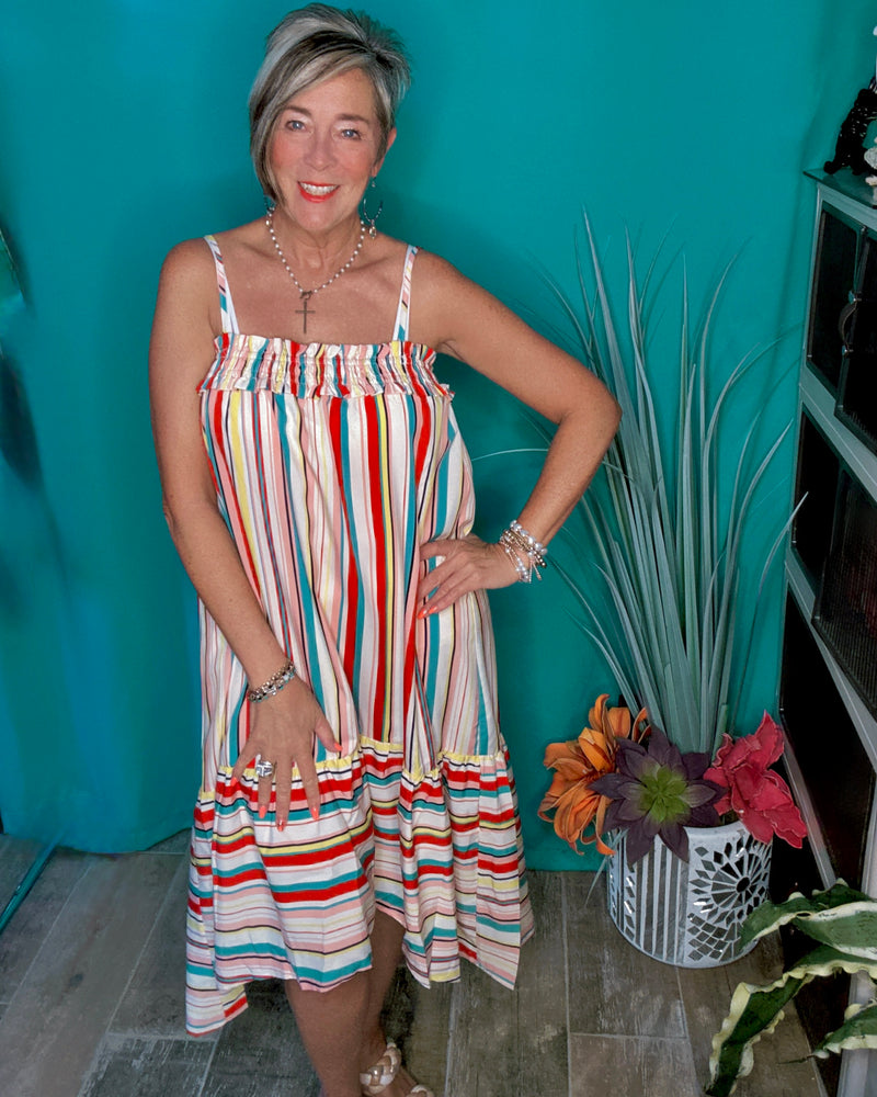 Multicolor Vertical Striped Spaghetti Strap Sleeveless Wide Ruffle Hem Tank Sundress