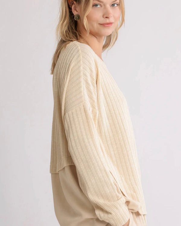 Plus Size Cream Ribbed Knit Long Sleeve Round Neck Top