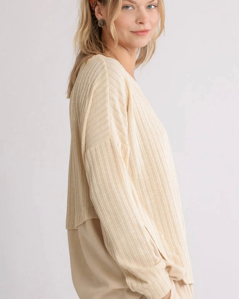 Plus Size Cream Ribbed Knit Long Sleeve Round Neck Top