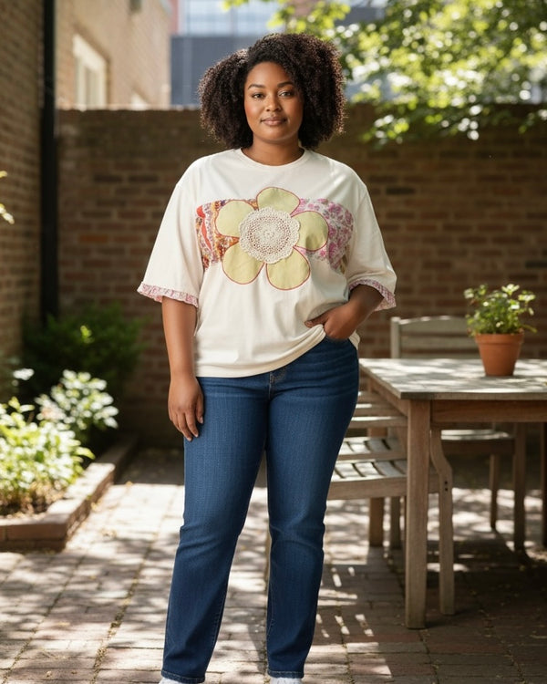 Plus Size Light Blush Yellow Flower Patch Boho Short Sleeve Top