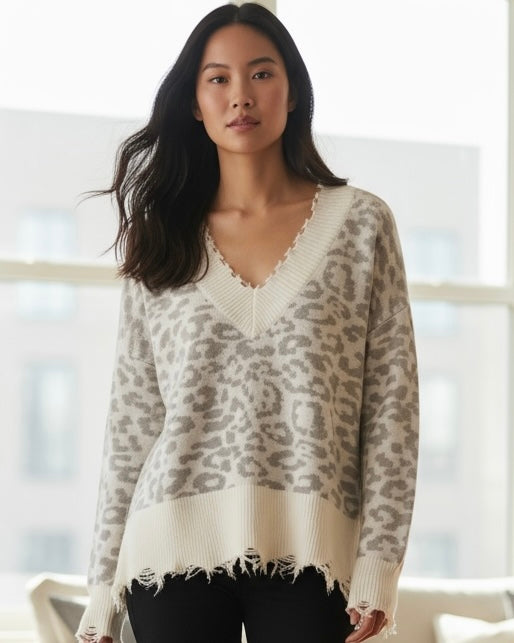 Gray & White Leopard Long Sleeve Raw Distressed Edge Sweater