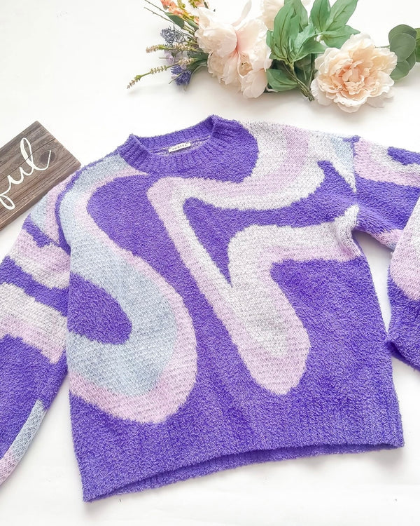 Purple Two Tone Soft Graphic Print Long Sleeve Round Neck Sweater Top