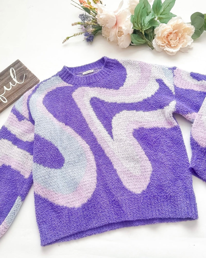 Purple Two Tone Soft Graphic Print Long Sleeve Round Neck Sweater Top