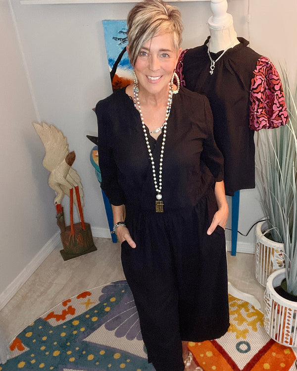 Black 3/4 Short Sleeve Crop Pantsuit Jumpsuit