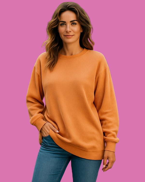 Solid Orange or Tan Ribbed Corduroy Oversized Long Sleeve Pullover Sweatshirt Top