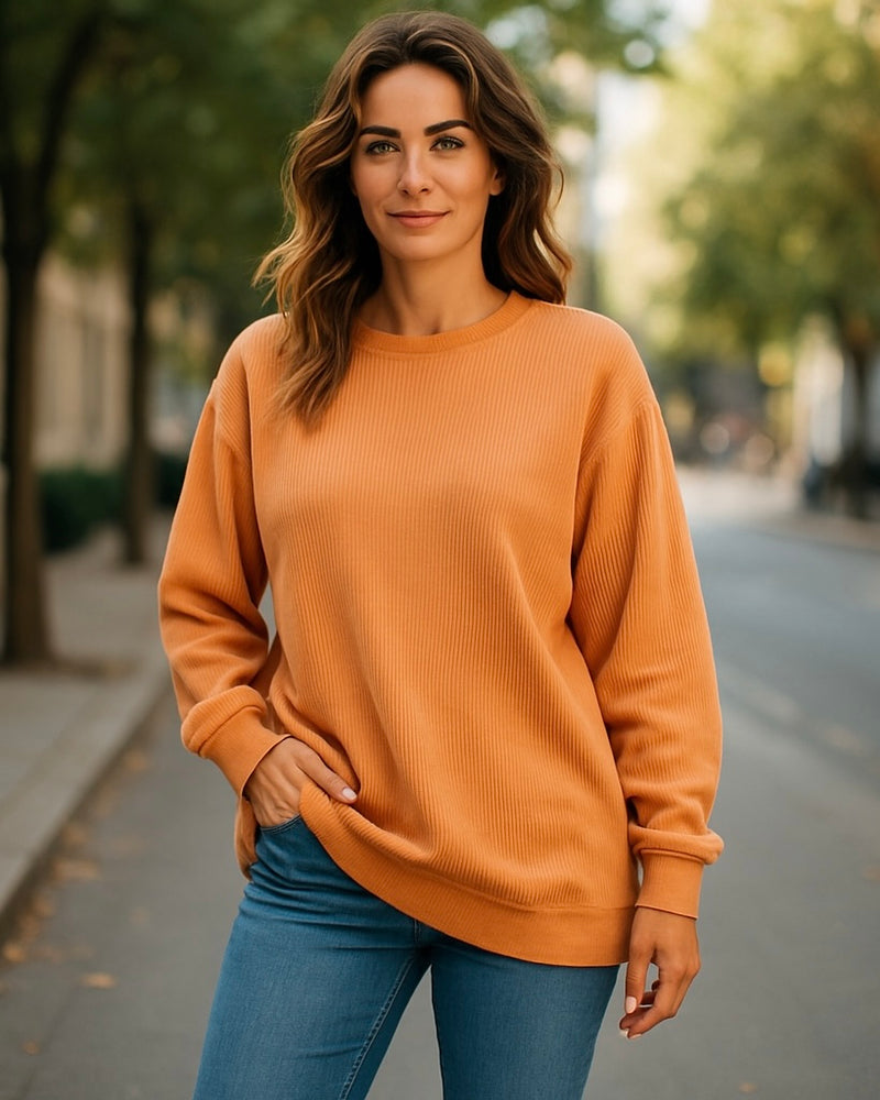 Orange or Tan Ribbed Corduroy Oversized Long Sleeve Sweatshirt Top