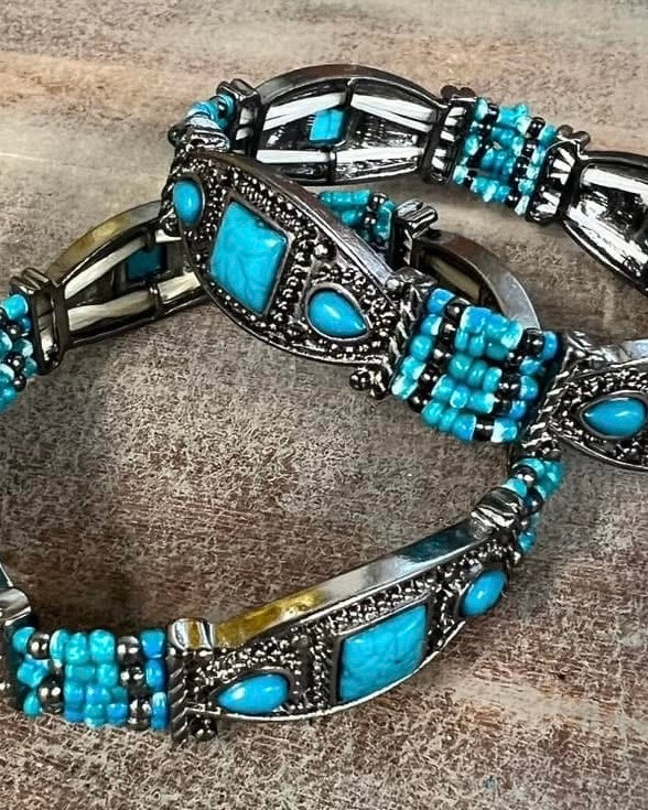 Faux Turquoise & Silver Stretch Bead Stone Bracelet