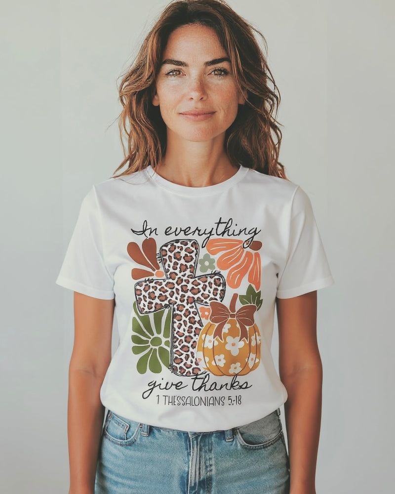 Sand Tan "In Everything Give Thanks" Leopard Cross Short Sleeve Crew Neck T-Shirt Top