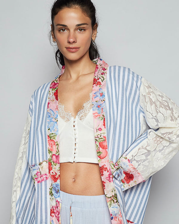 Blue & White Strip Floral and Lace Mix Long Sleeve Open Front Cardigan Top