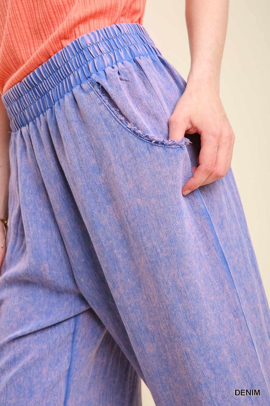 Mineral Wash Denim Blue Wide Leg Fray Hem Pants
