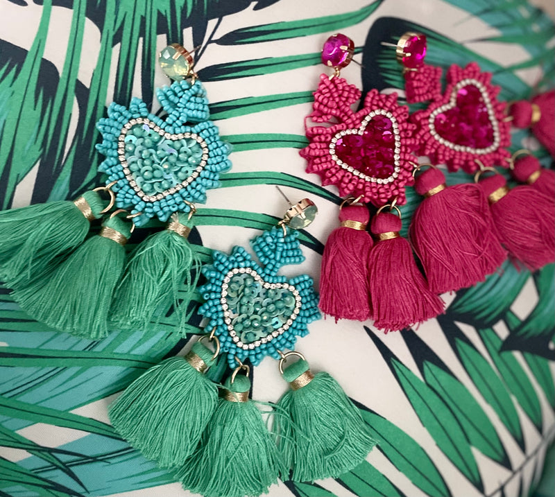 Turquoise Green or Pink Heart Beaded & Rhinestone Post Drop Tassel Earrings