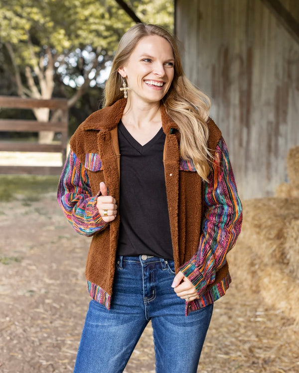 FALL Brown Sherpa Contrast Sleeve Button Front Jacket