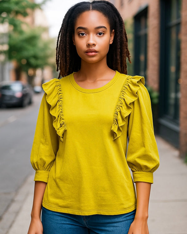Avocado Green Boxy Cut Mineral Wash French Terry Ruffle 3/4 Sleeve Top