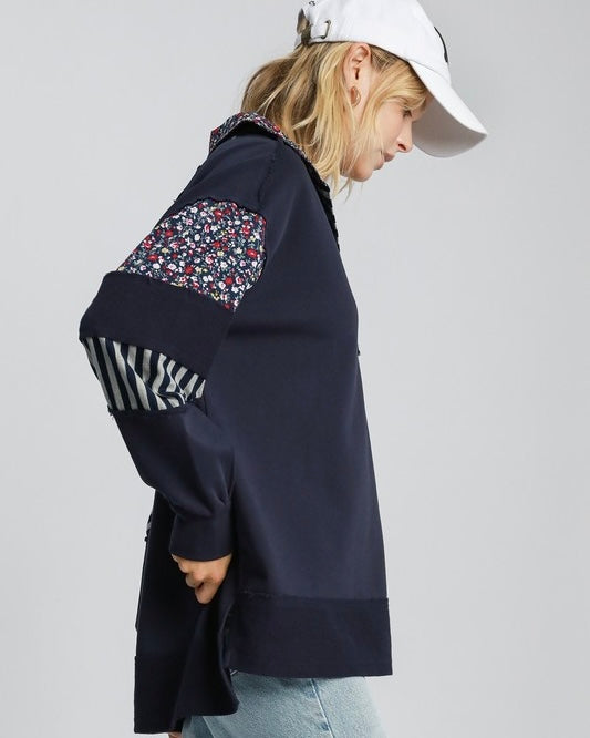 Navy Blue Mix Media Cut Raw Edge Hi Lo Hemline Long Sleeve Open Neck Pullover French Terry Collared Top
