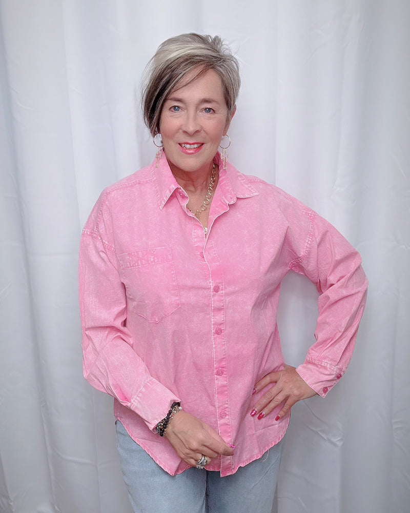 Pink or Blue Acid Wash Button Down Long Sleeve Collar Top
