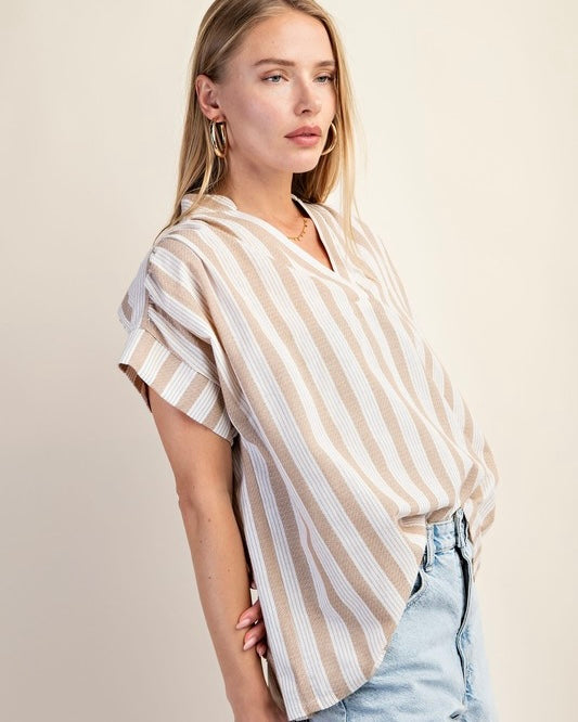Khaki & White Vertical Striped Oversized VNeck Pullover Short Cap Sleeve Top