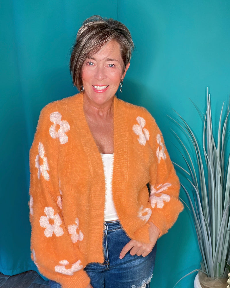 Orange Flower Open Front Long Sleeve Soft Knit Sweater Cardigan